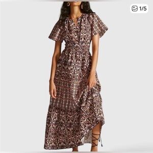 Anthro Somerset Maxi Dress Orange Blue Geometric Smocked Waist XS Boho